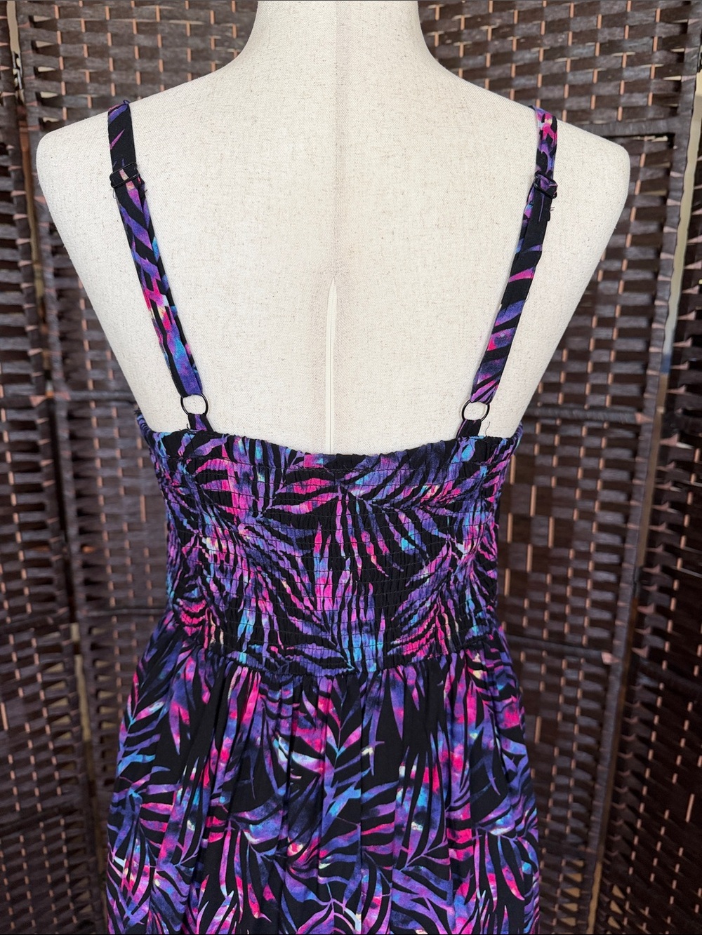 Torrid Black Tropical Print Midi Dress with Purple & Pink Leaves - Picture 4 of 5